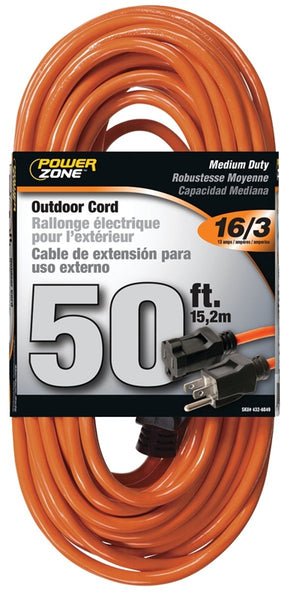 PowerZone Extension Cord, 16 AWG Cable, 5-15P Grounded Plug, 5-15R Grounded Receptacle, 50 ft L, 13 A, 125 V