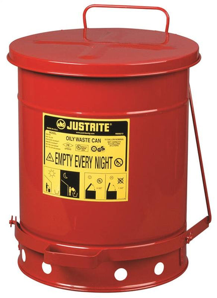 JUSTRITE 09300 Oily Waste Can, 10 gal Can, Steel, Red, Foot-Operated Self-Closing Closure, 13.938 in Dia, 18-1/4 in H