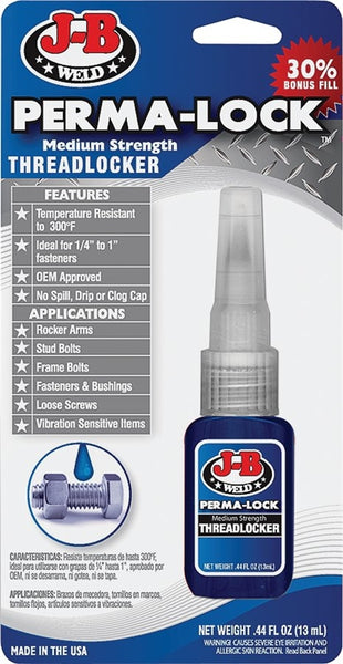 J-B WELD Perma-Lock 24213 Threadlocker, Liquid, Slight, Characteristic, Blue, 13 mL Bottle