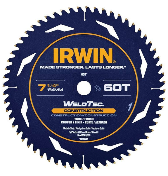 IRWIN 1934342 Circular Saw Blade, 7-1/4 in Dia, 5/8 in Arbor, 60-Teeth, Carbide Cutting Edge