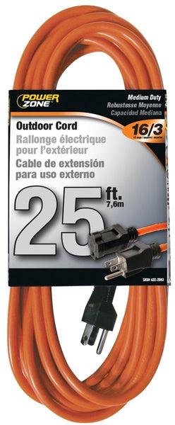 PowerZone Extension Cord, 16 AWG Cable, 5-15P Grounded Plug, 5-15R Grounded Receptacle, 25 ft L, 13 A, 125 V