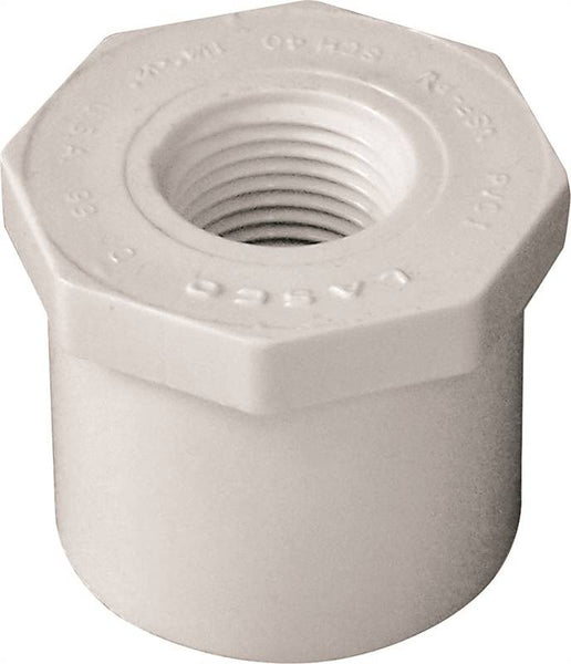 LASCO 438166BC Reducing Bushing, 1-1/4 x 1/2 in, Spigot x FNPT, PVC, White, SCH 40 Schedule