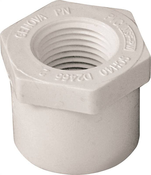 LASCO 438130BC Reducing Bushing, 1 x 1/2 in, Spigot x FNPT, PVC, White, SCH 40 Schedule, 450 psi Pressure