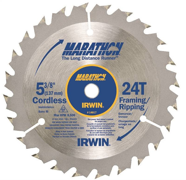 IRWIN MARATHON 14017 Circular Saw Blade, 5-3/8 in Dia, 0.39 in Arbor, 24-Teeth, Carbide Cutting Edge