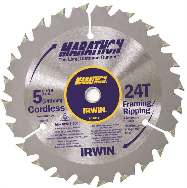 IRWIN MARATHON 14011 Circular Saw Blade, 5-1/2 in Dia, 0.39 in Arbor, 24-Teeth, Carbide Cutting Edge