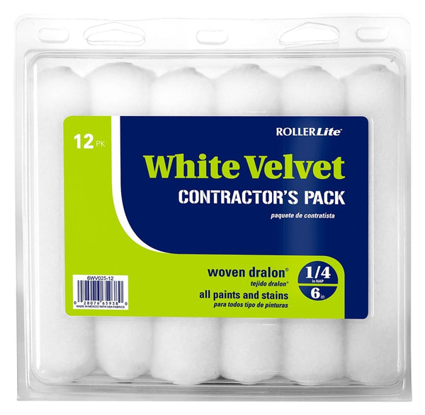 RollerLite White Velvet 6WV025-12 Mini Roller Cover, 1/4 in Thick Nap, 6 in L, Woven Fabric Cover, White