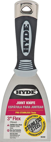 HYDE Pro Stainless 06358 Putty Knife, 3 in W Blade, Stainless Steel Blade, Plastic Handle, Cushion-Grip Handle