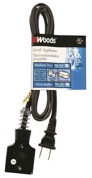 CCI 0290 Extension Cord, 6 ft L, 15 A, 125 V, Black