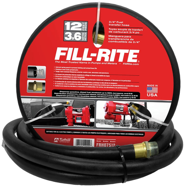 Fill-Rite FRH07512 Fuel Transfer Hose Male, 12 ft L, 50 psi Pressure, Neoprene, Black