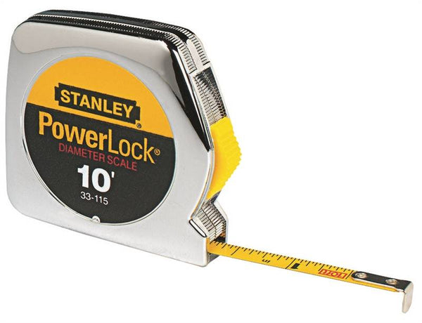 STANLEY 33-115 Pocket Measuring Tape, 10 ft L Blade, 1/4 in W Blade, Steel Blade, ABS Case, Chrome Case