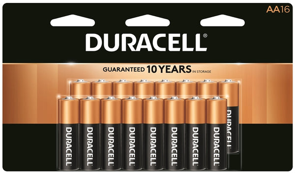 DURACELL COPPERTOP MN1500 MN1500B16 Battery, 1.5 V Battery, AA Battery, Alkaline, Manganese Dioxide