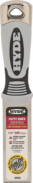HYDE Pro Stainless 06258 Putty Knife, 1-1/4 in W Blade, Stainless Steel Blade, Plastic Handle, Cushion-Grip Handle