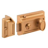 Prime-Line U 9967 Night Latch and Locking Cylinder, Aluminum, Brass, 2-9/32 in Backset, Kwikset Keyway