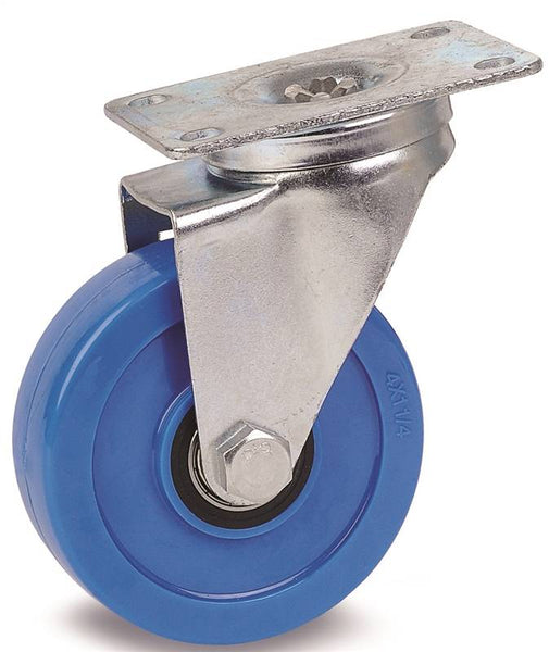 DH CASTERS C-LM4P1PUS Swivel Caster, 4 in Dia Wheel, 1-1/4 in W Wheel, Solid Polyurethane Wheel, Blue, 275 lb