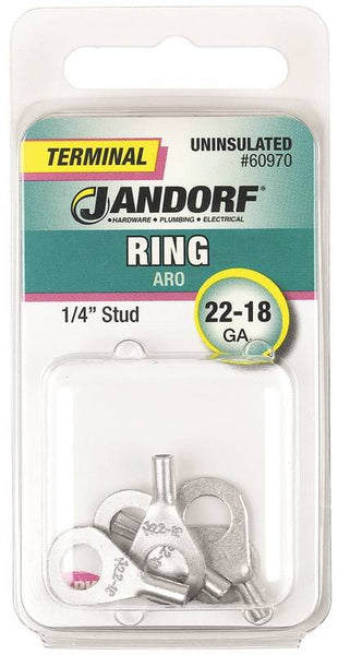 Jandorf 60970 Ring Terminal, 22 to 18 AWG Wire, 1/4 in Stud, Copper Contact