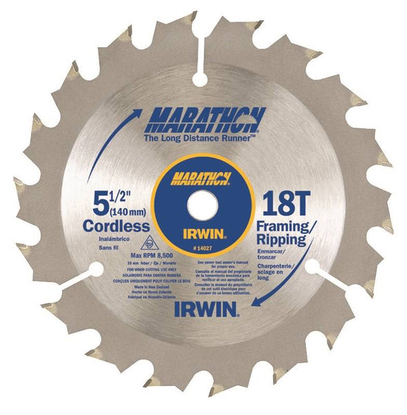 IRWIN MARATHON 14027 Circular Saw Blade, 5-1/2 in Dia, 0.39 in Arbor, 18-Teeth, Carbide Cutting Edge