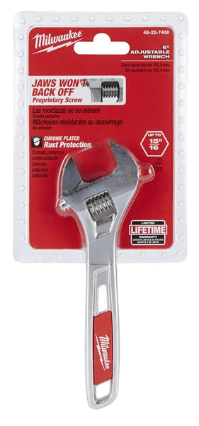 Milwaukee 48-22-7406 Adjustable Wrench, 6 in OAL, 15/16 in Jaw, Steel, Chrome, Ergonomic Handle