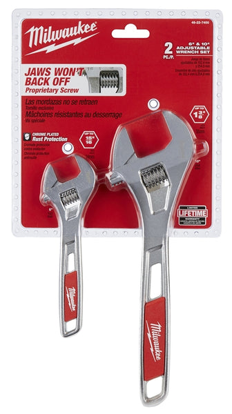 Milwaukee 48-22-7400 Adjustable Wrench Set, 6 in, 10 in OAL, 1-3/8 in, 15/16 in Jaw, Steel, Chrome, Ergonomic Handle