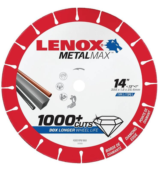 Lenox MetalMax 1972929 Cut-Off Wheel, 14 in Dia, 0.13 in Thick, 1 in Arbor, 25, 30 Grit, Diamond Abrasive