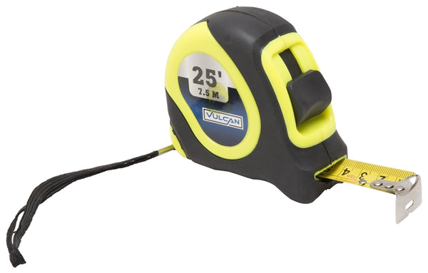 Vulcan 26-7.5X25-G Tape Measure, 25 ft L Blade, 1 in W Blade, Steel Blade, ABS Plastic Case, Lime Case