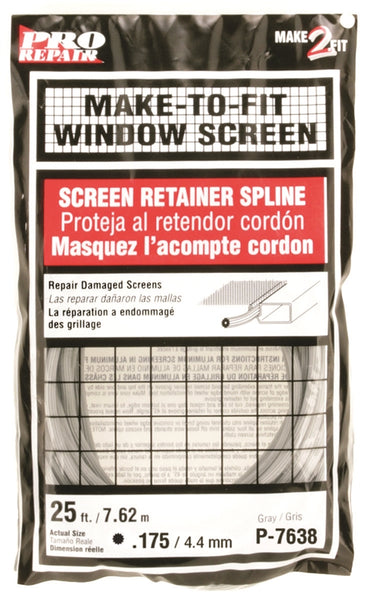 Make-2-Fit P 7638 Screen Retainer Spline, 0.175 in D, 25 ft L, Vinyl, Gray, Round