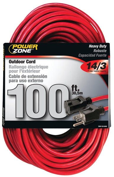PowerZone Extension Cord, 14 AWG Cable, 100 ft L, 13 A, 125 V, Red