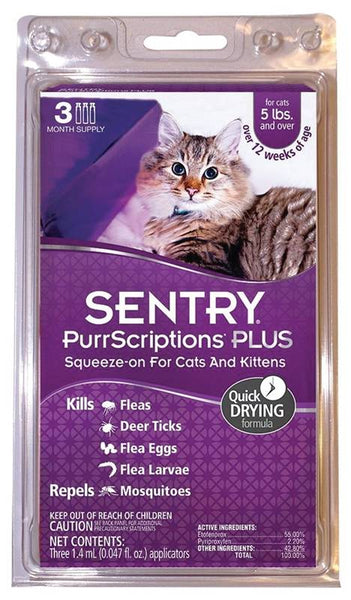 SENTRY PurrScriptions Plus 01981 Flea and Tick Squeeze-On, Liquid, Mild Acetate, 3 Count