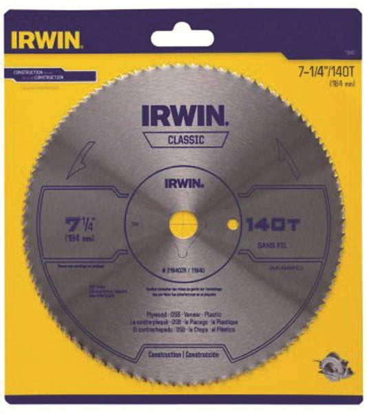 IRWIN 11840 Circular Saw Blade, 7-1/4 in Dia, 5/8 in Arbor, 140-Teeth, Bi-Metal Cutting Edge