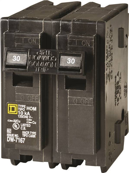 Square D Homeline HOM230C Circuit Breaker, Mini, 30 A, 2 -Pole, 120/240 V, Plug Mounting, Black