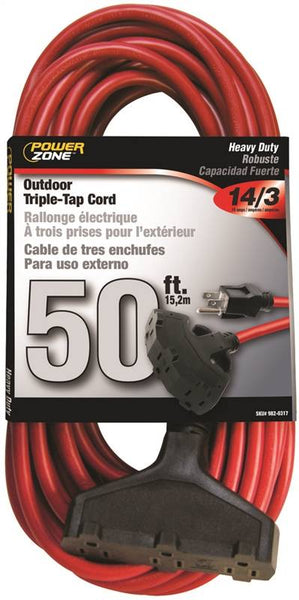 PowerZone Extension Cord, 14 AWG Cable, 50 ft L, 15 A, 125 V, Red