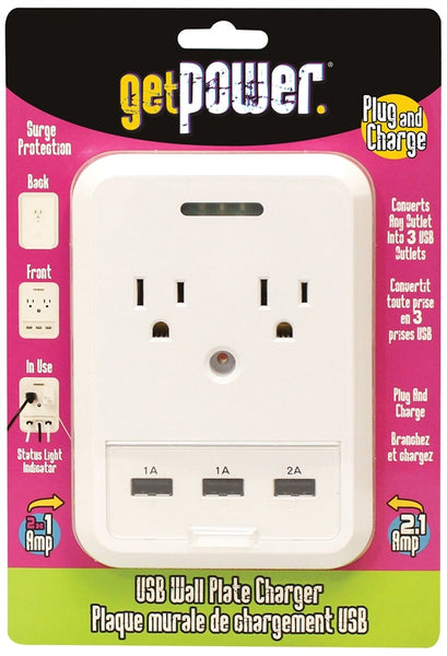 GetPower GP-3USB-AC-AC USB Wallplate Charger, 4.1 A, 5 -Outlet, White