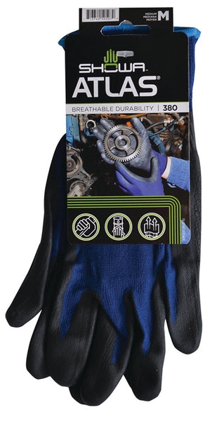 ATLAS 380M-07.RT Lightweight Coated Gloves, M, 8-21/32 to 10-15/64 in L, Elastic Cuff, Nitrile Foam Coating, Black/Blue