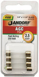 Jandorf 60629 Fast Acting Fuse, 2.5 A, 250 V, 100 A, 10 kA Interrupt, Glass Body