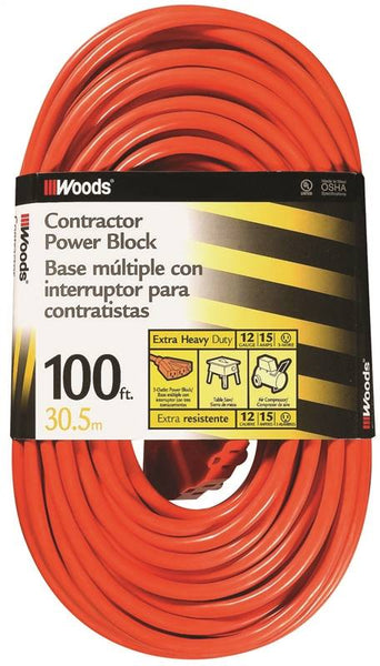 CCI 0820 Extension Cord, 12 AWG Cable, 100 ft L, 15 A, 125 V, Orange