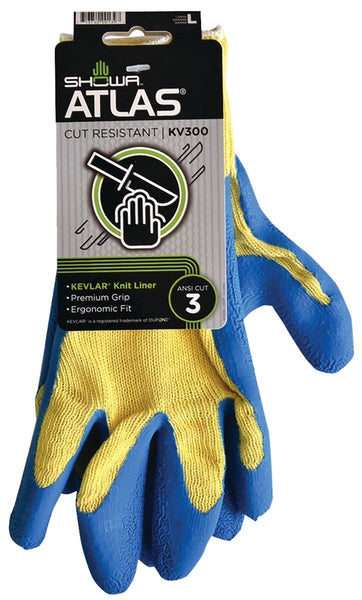 ATLAS KV300L-09.RT Coated Gloves, L, Knit Wrist Cuff, Blue/Yellow