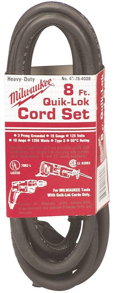 Milwaukee QUIK-LOK 48-76-4008 Extension Cord, 18 AWG Cable, 8 ft L, 10 A, 125 V