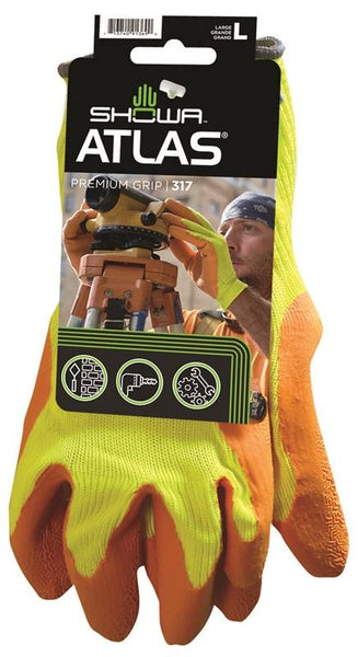 ATLAS 317L-09.RT High-Visibility Coated Gloves, L, Knit Wrist Cuff, Fluorescent Yellow/Orange