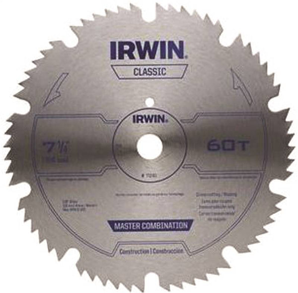 IRWIN 11240 Circular Saw Blade, 7-1/4 in Dia, 5/8 in Arbor, 60-Teeth, Carbon Steel Cutting Edge
