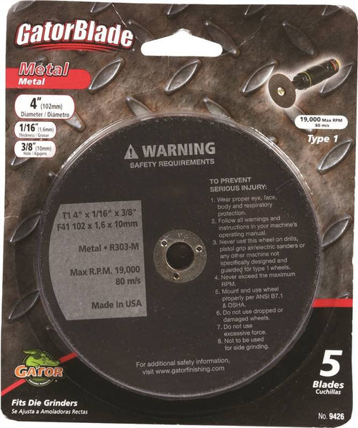 GatorBlade 9426 Cut-Off Wheel, 4 in Dia, 1/16 in Thick, 3/8 in Arbor, Aluminum Oxide Abrasive
