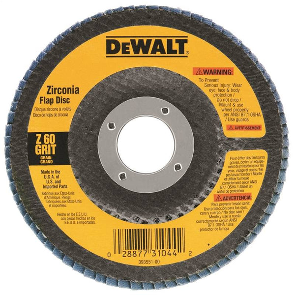 DeWALT DW8310 Flap Disc, 4-1-2 in Dia, 7-8 in Arbor, Coated, 120 Grit, Zirconia Abrasive, Fiberglass Backing