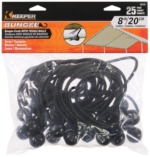 KEEPER 06345 Bungee Cord, 8 in L, Rubber, Black, Toggle Ball End