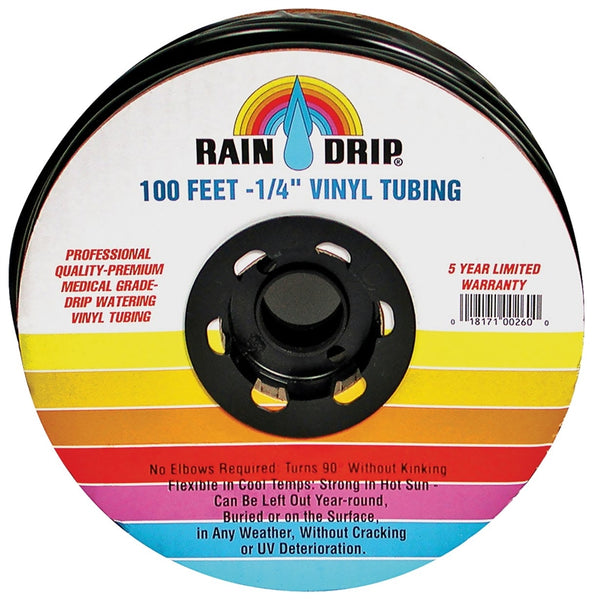 Raindrip 016010T Drip Watering Tubing, 0.16 to 0.197 in ID, 100 ft L, Polyethylene, Black