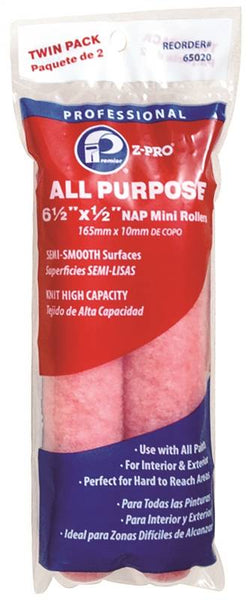 Premier 65020 Mini Roller Cover, 1/2 in Thick Nap, 6-1/2 in L, Fabric Cover, Pink