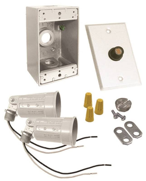 HUBBELL 5883-6 Flood Light Kit, Dusk-to-Dawn, Metal, White, For: 2-Lampholders, Box, Cover and Photocell