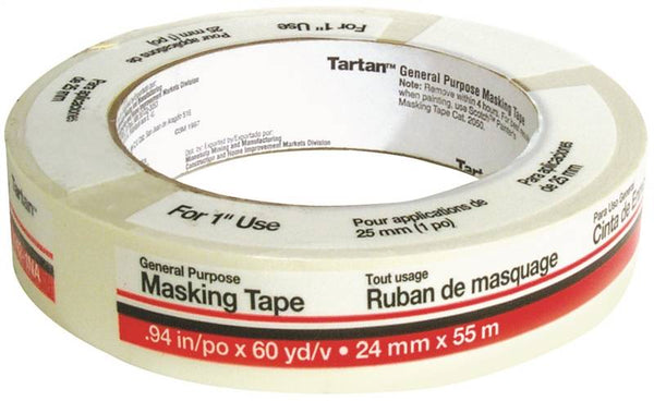 3M Tartan 5142.1 Masking Tape, 60 yd L, 1 in W, Crepe Paper Backing, Tan