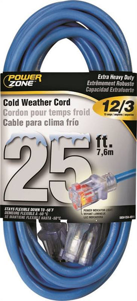 PowerZone Extension Cord, 12 AWG Cable, 5-15P Grounded Plug, 5-15R Grounded Receptacle, 25 ft L, 15 A, 125 V