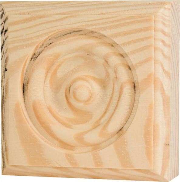 Waddell RTB25-36 Trim Block, 2-3/4 in H, 2-3/4 in W, Rosette Pattern, Pine Wood