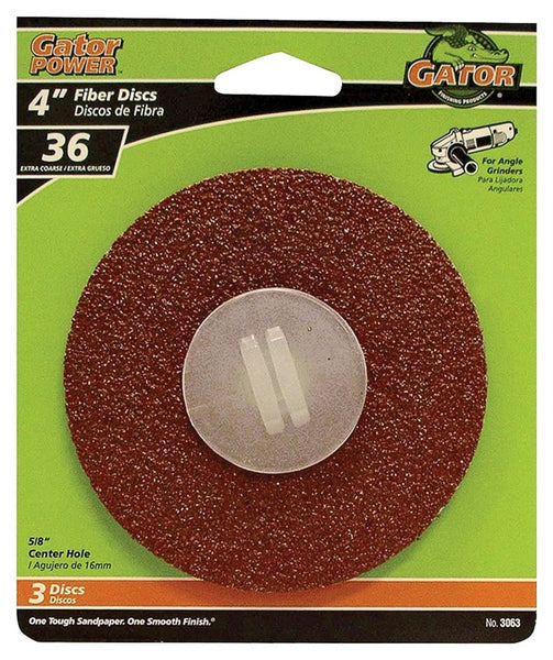 Gator 3063 Fiber Disc, 4 in Dia, 36 Grit, Extra Coarse, Aluminum Oxide Abrasive, Fiber Backing