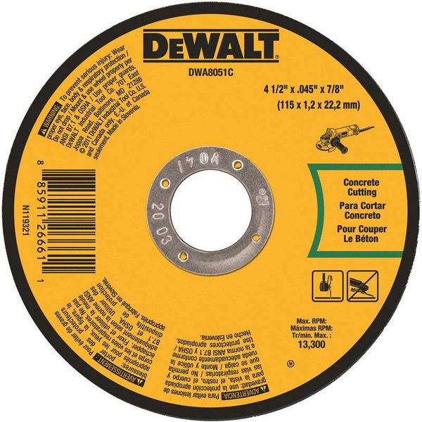 DeWALT DWA8051C Cutting Wheel, 4-1-2 in Dia, 0.045 in Thick, 7-8 in Arbor, Aluminum Oxide Abrasive