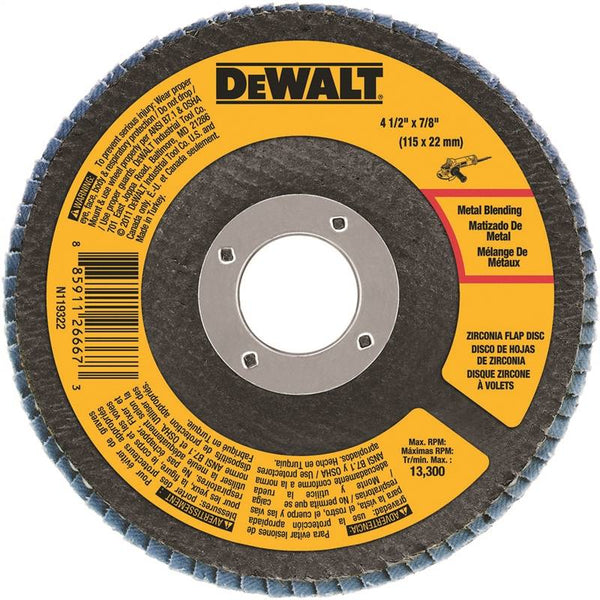 DeWALT DWA8207 Flap Disc, 4-1/2 in Dia, 7/8 in Arbor, Coated, 60 Grit, Medium, Zirconia Abrasive